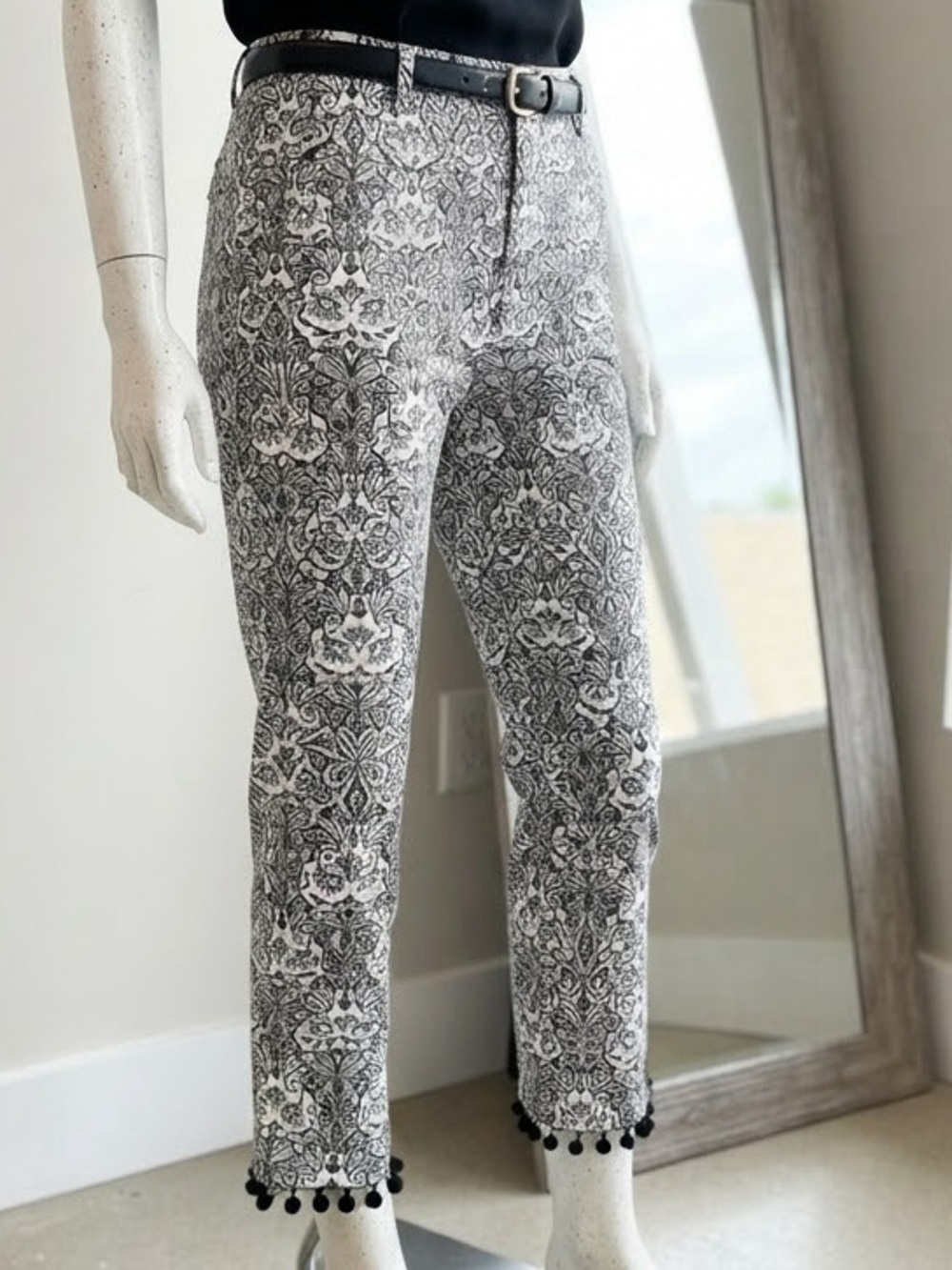 Chico's Black & White Cropped Patterned Pants with Pom Trim